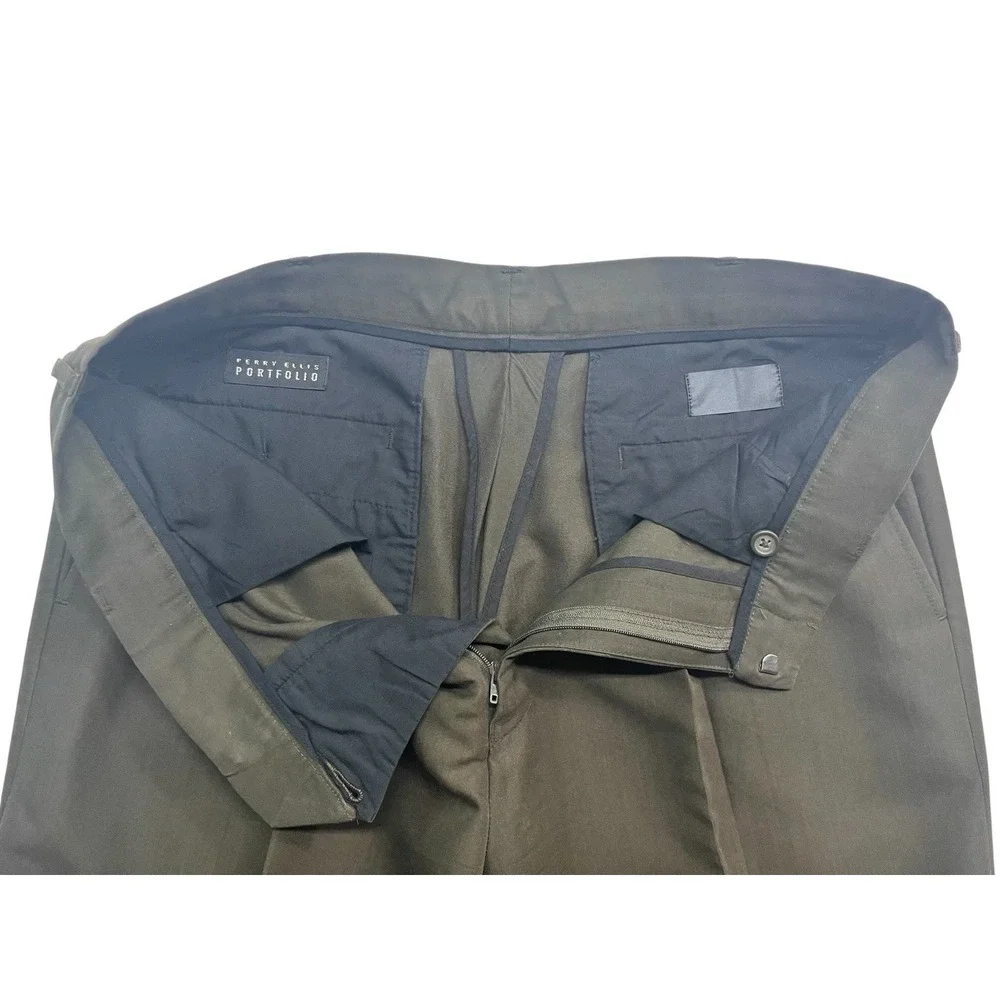 vtg 90s Perry Ellis 34x34 Olive Green Dress Pants Trousers Pleated Cuffed Mens